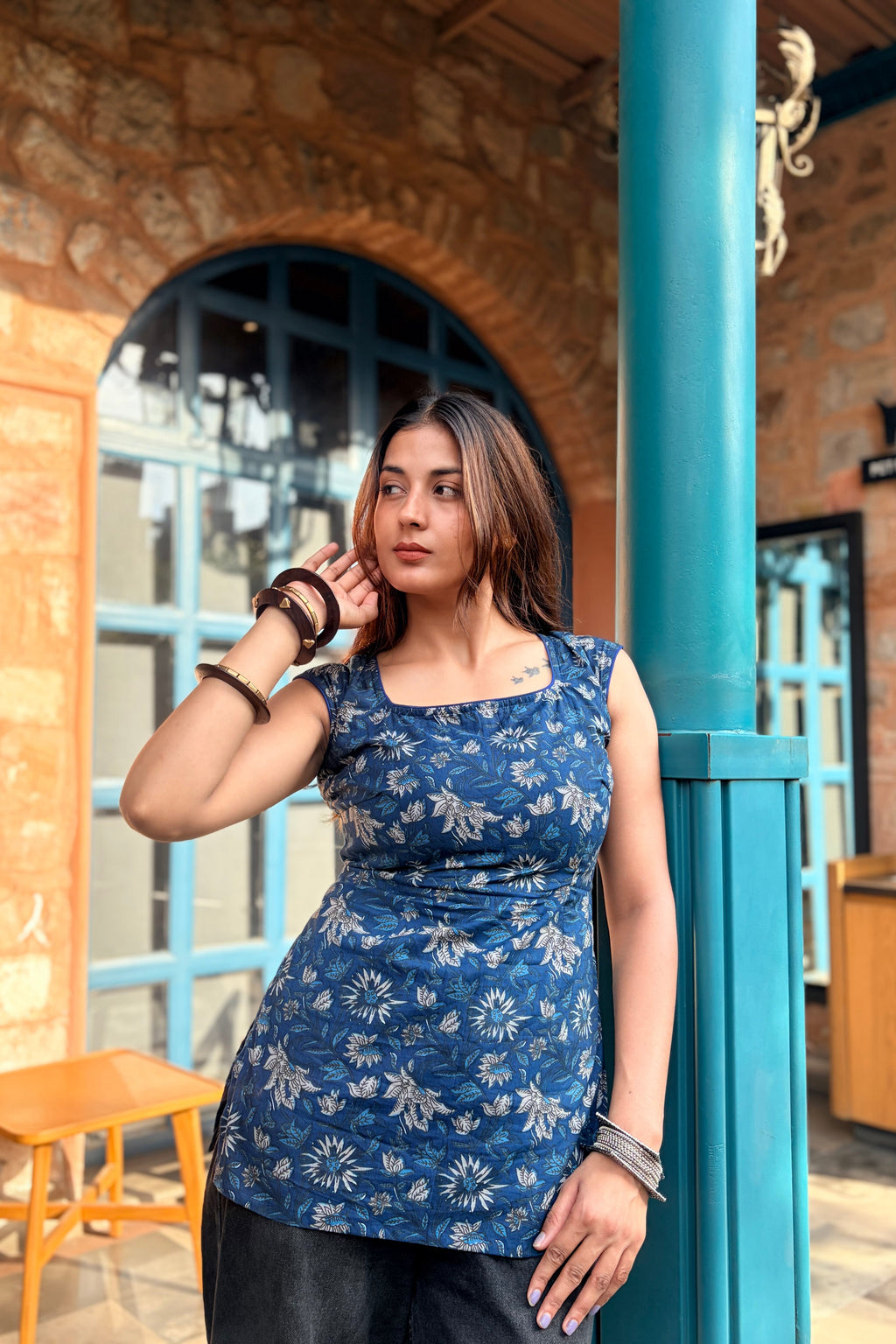 Indigo Bloom Cotton Short Kurti