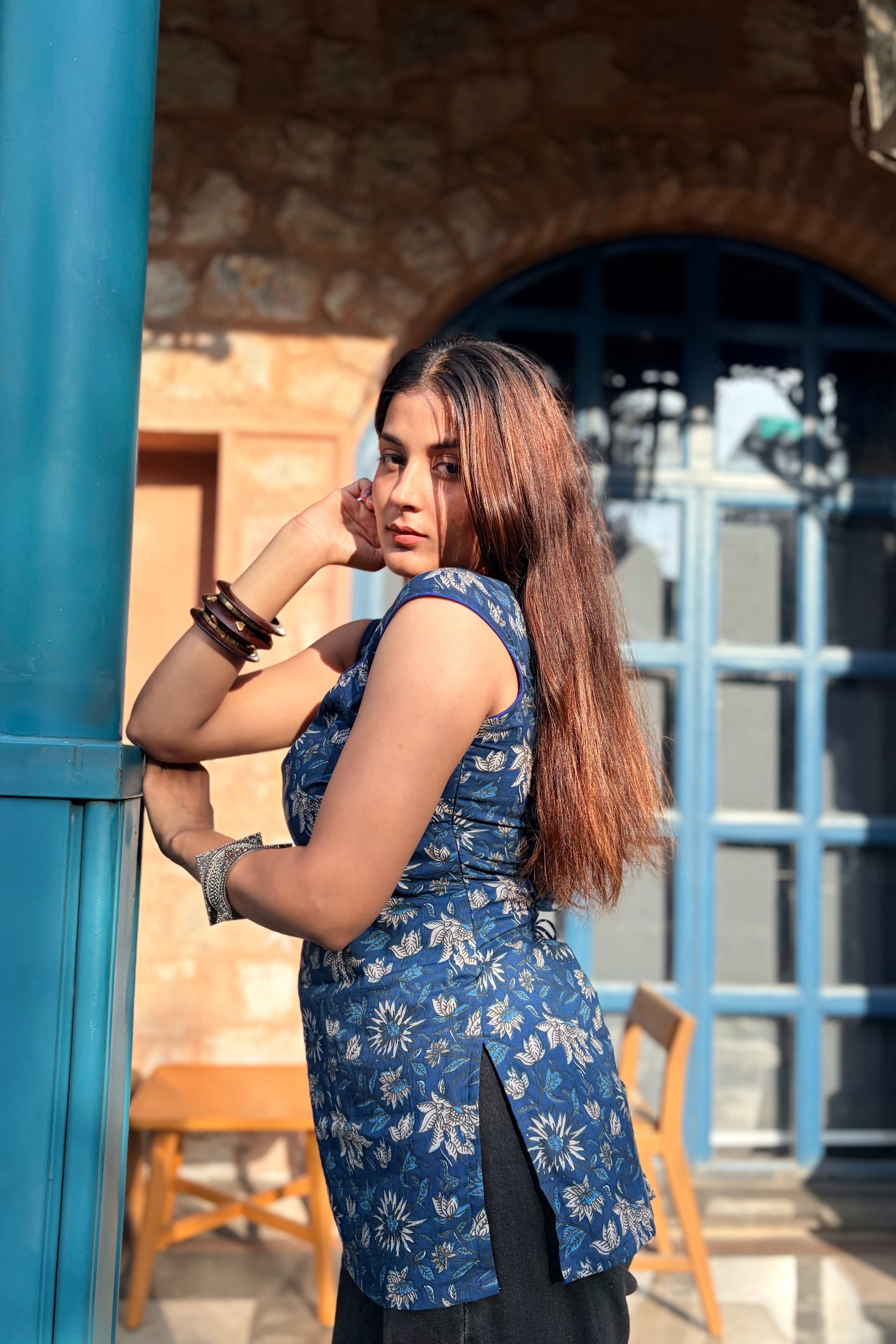 Indigo Bloom Cotton Short Kurti